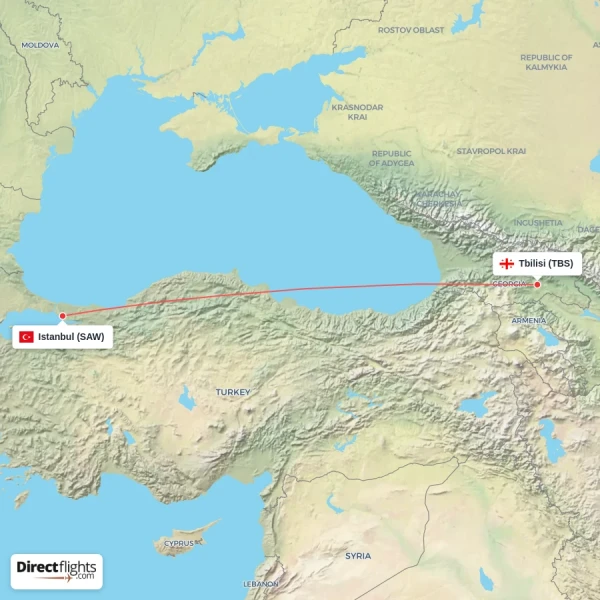 Istanbul - Tbilisi direct flight map