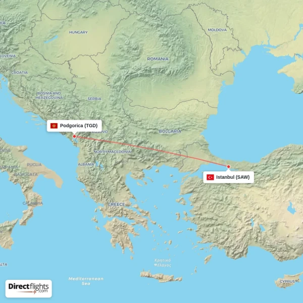 Istanbul - Podgorica direct flight map
