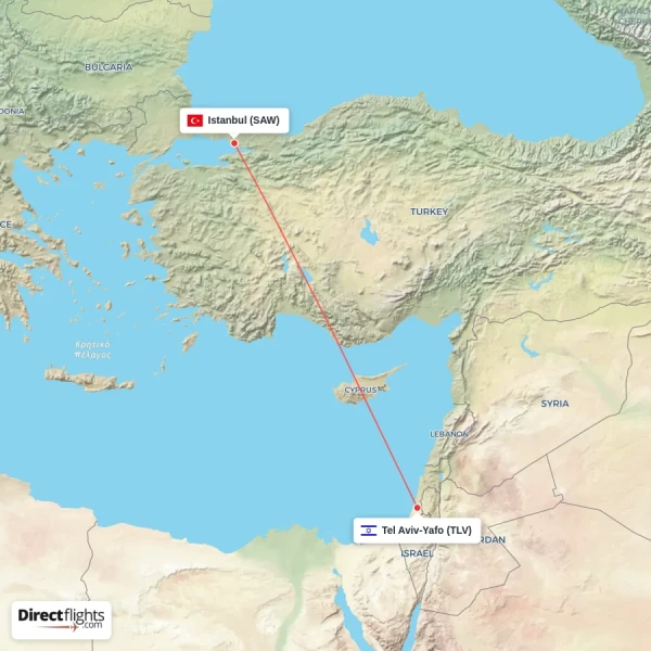 Istanbul - Tel Aviv-Yafo direct flight map