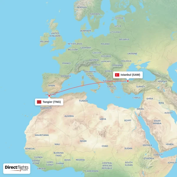 Istanbul - Tangier direct flight map