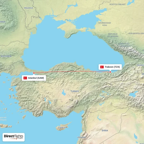 Istanbul - Trabzon direct flight map