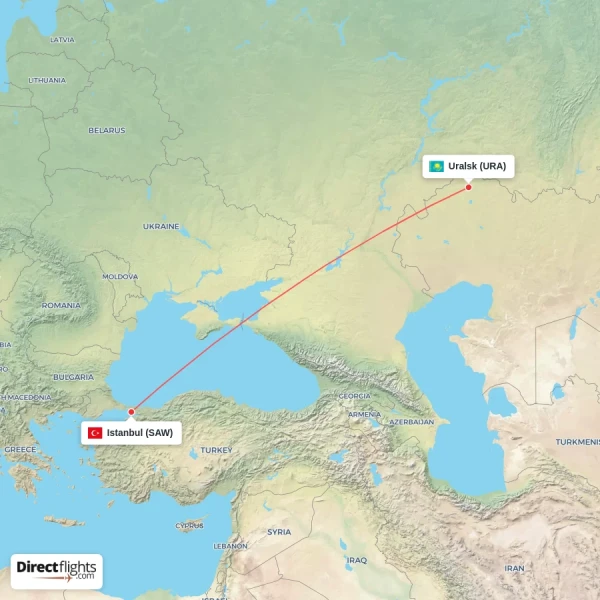 Istanbul - Uralsk direct flight map