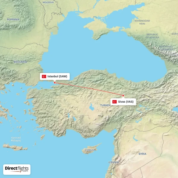 Istanbul - Sivas direct flight map