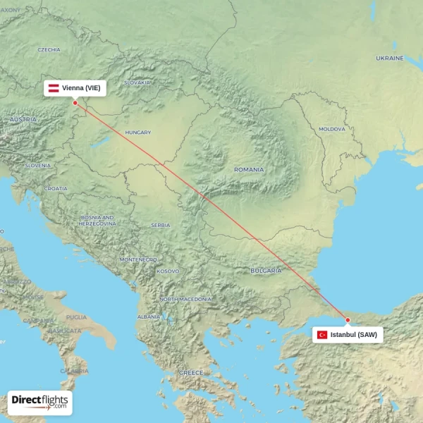 Istanbul - Vienna direct flight map