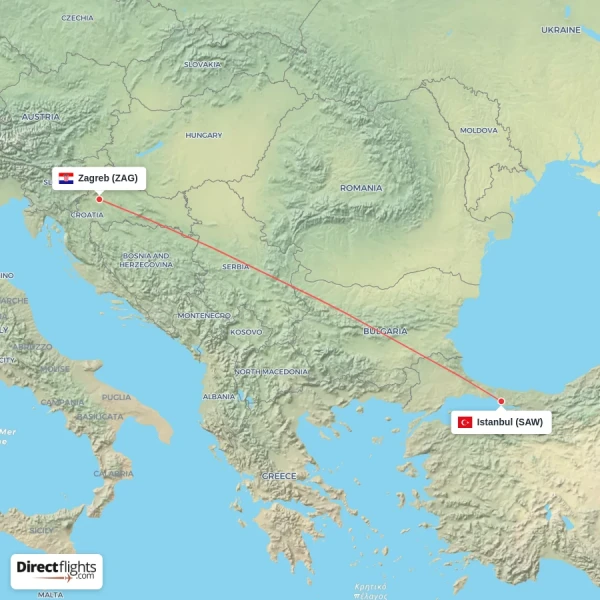 Istanbul - Zagreb direct flight map
