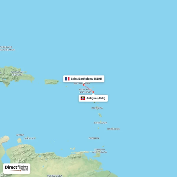 Saint Barthelemy - Antigua direct flight map