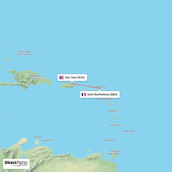 Saint Barthelemy - San Juan direct flight map