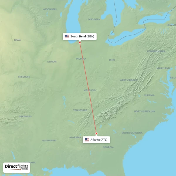 South Bend - Atlanta direct flight map