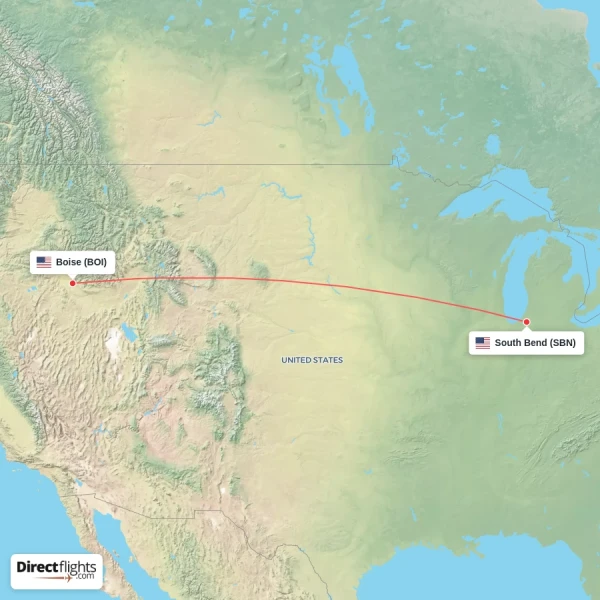 South Bend - Boise direct flight map