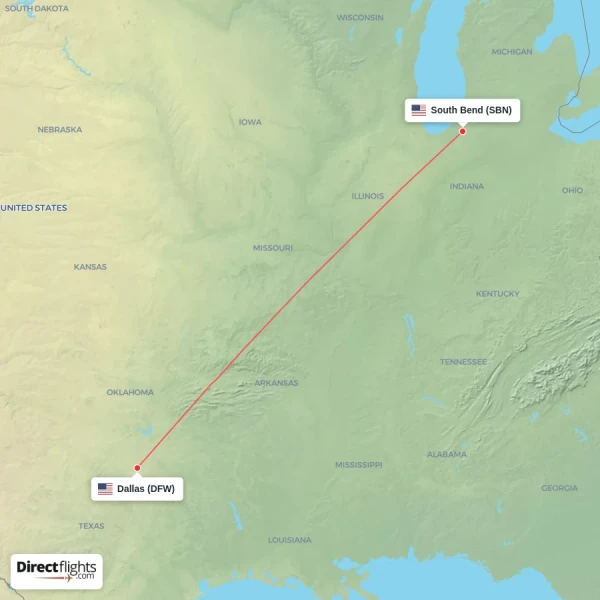 South Bend - Dallas direct flight map