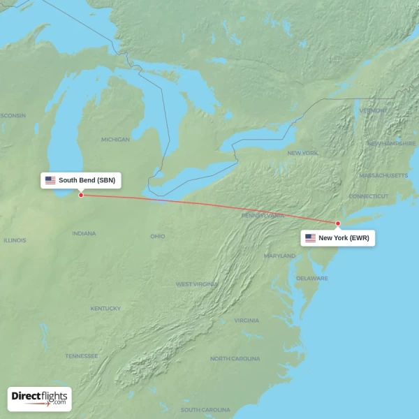 South Bend - New York direct flight map