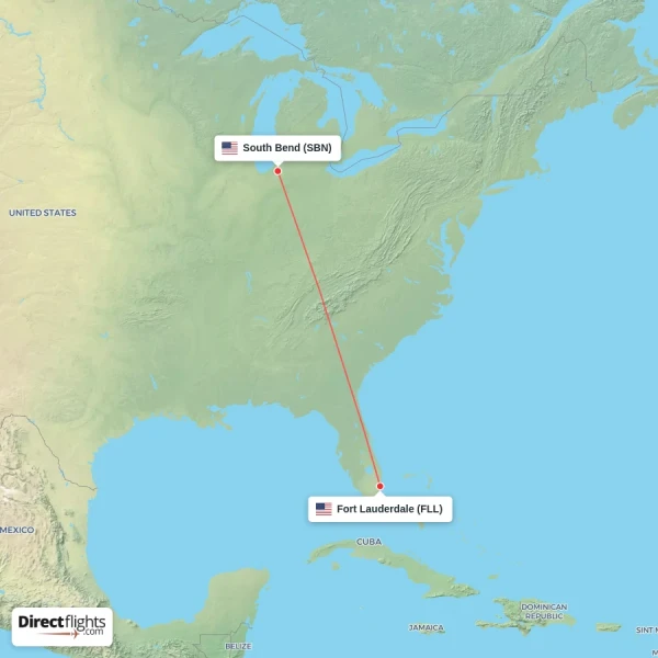 South Bend - Fort Lauderdale direct flight map