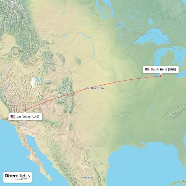 South Bend - Las Vegas direct flight map