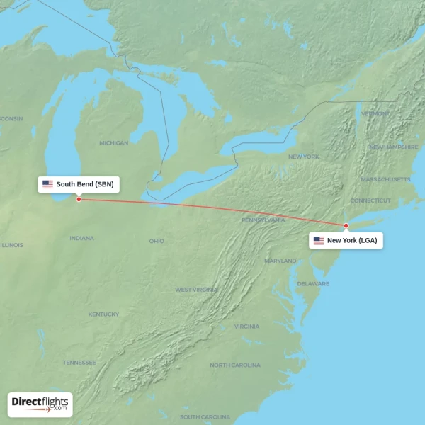 South Bend - New York direct flight map