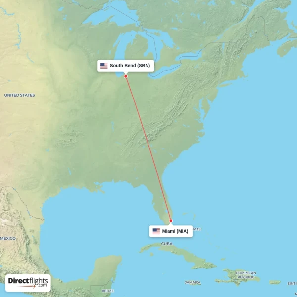 South Bend - Miami direct flight map