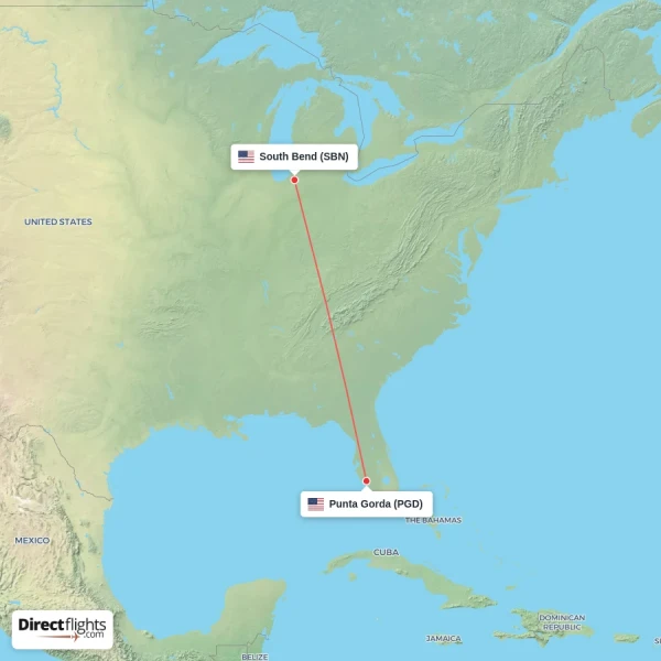 South Bend - Punta Gorda direct flight map