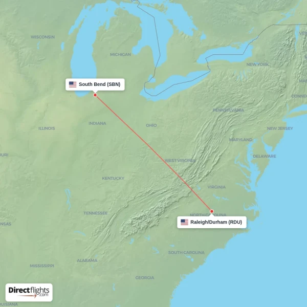 South Bend - Raleigh/Durham direct flight map