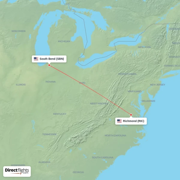 South Bend - Richmond direct flight map