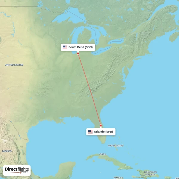 South Bend - Orlando direct flight map