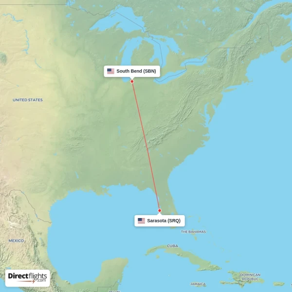 South Bend - Sarasota direct flight map