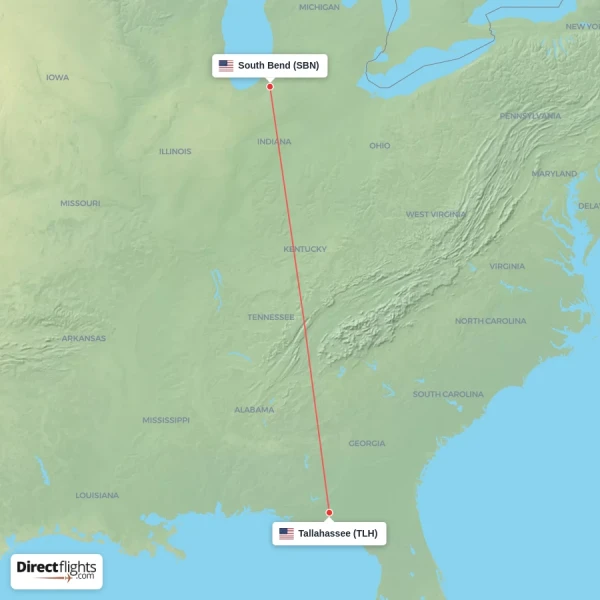 South Bend - Tallahassee direct flight map