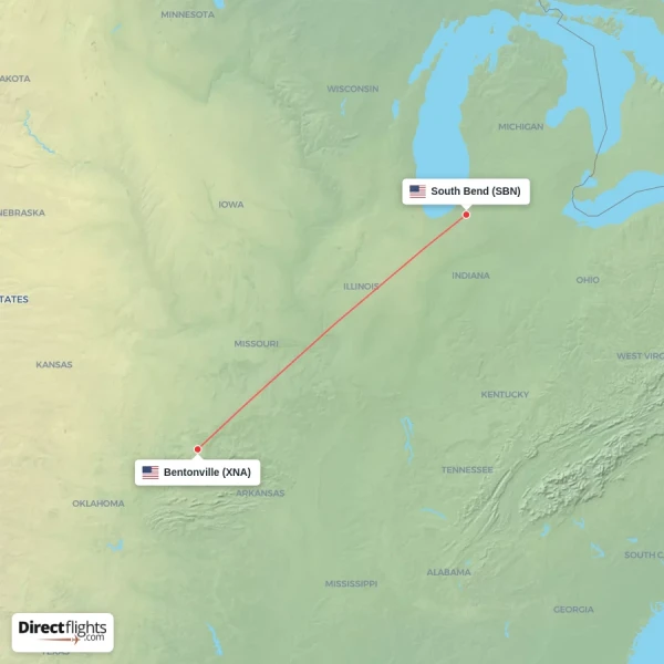 South Bend - Bentonville direct flight map