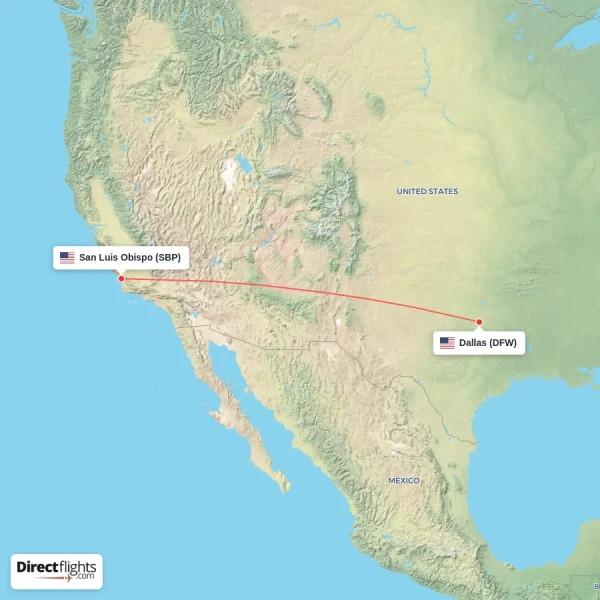 San Luis Obispo - Dallas direct flight map