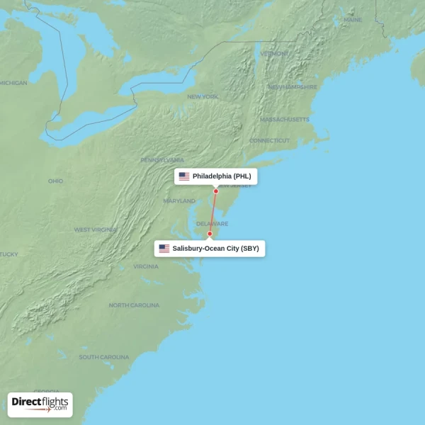 Salisbury-Ocean City - Philadelphia direct flight map