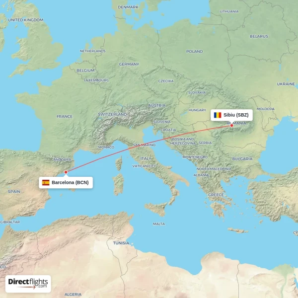 Sibiu - Barcelona direct flight map