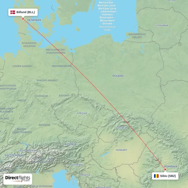 Sibiu - Billund direct flight map