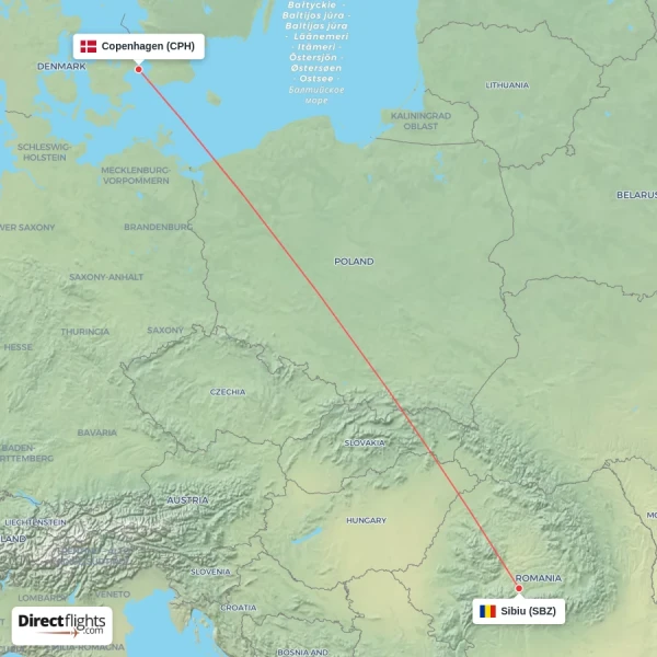 Sibiu - Copenhagen direct flight map