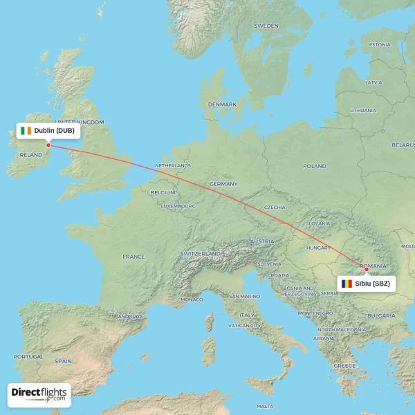 Sibiu - Dublin direct flight map