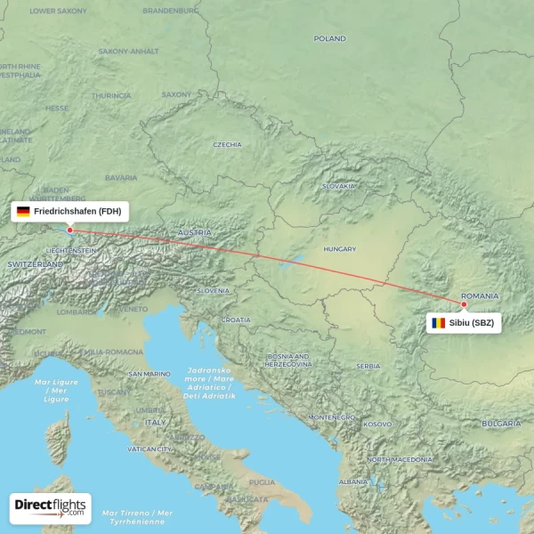 Sibiu - Friedrichshafen direct flight map