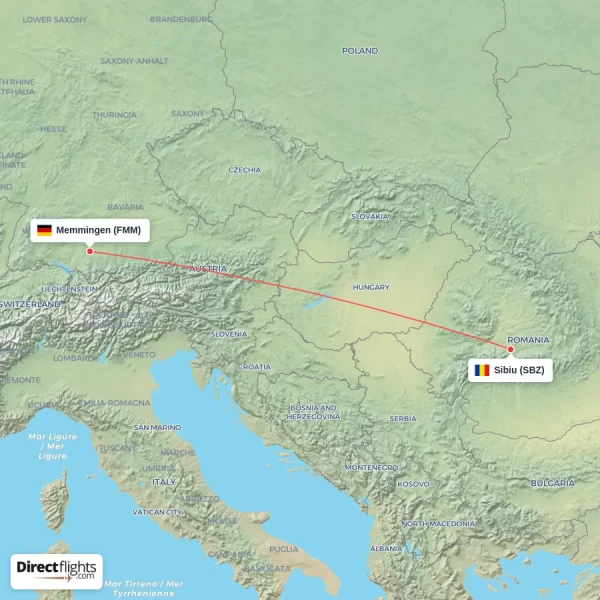 Sibiu - Memmingen direct flight map