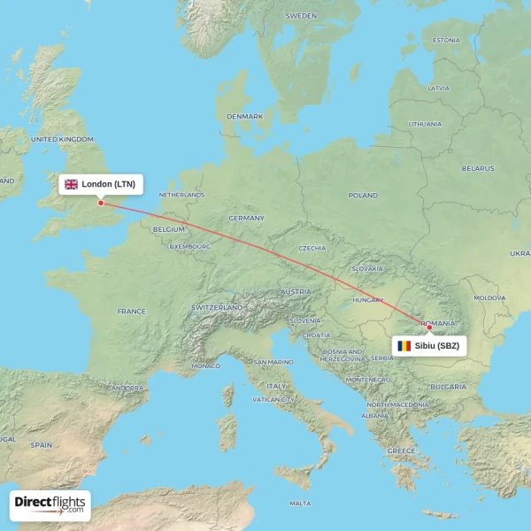 Sibiu - London direct flight map
