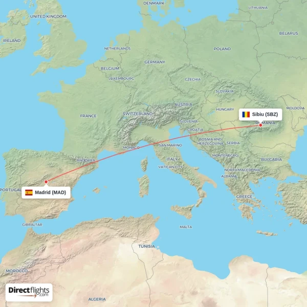 Sibiu - Madrid direct flight map