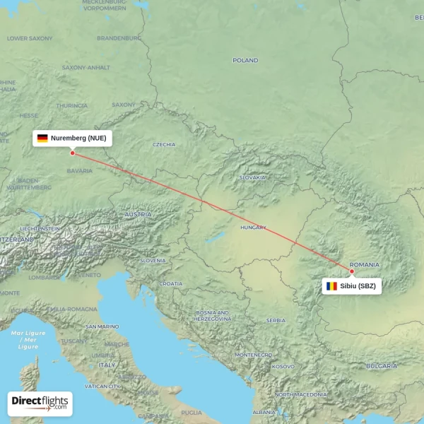 Sibiu - Nuremberg direct flight map