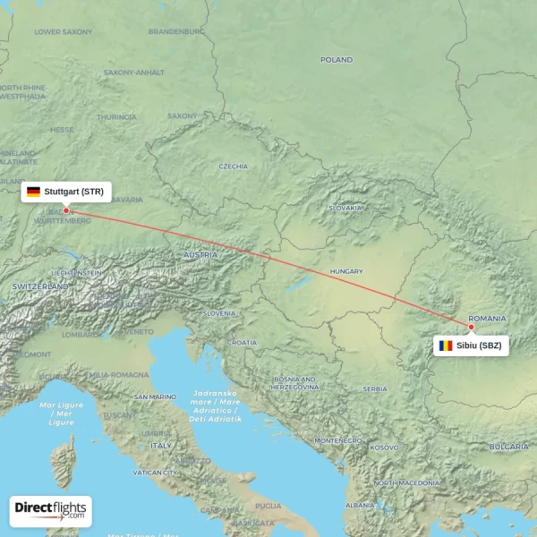 Sibiu - Stuttgart direct flight map