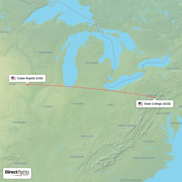 State College - Cedar Rapids direct flight map