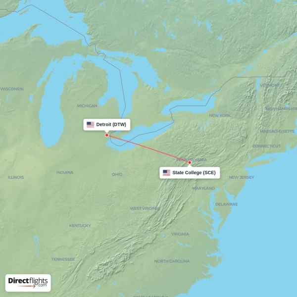 State College - Detroit direct flight map