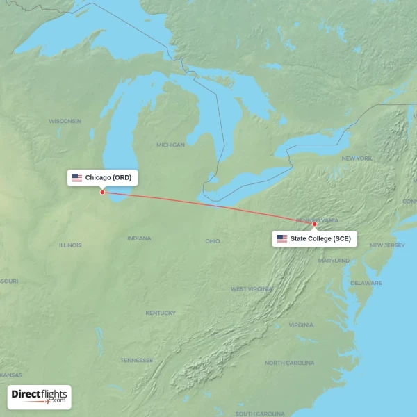 State College - Chicago direct flight map