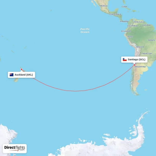Santiago - Auckland direct flight map