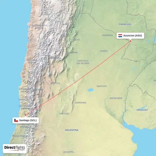 Santiago - Asuncion direct flight map