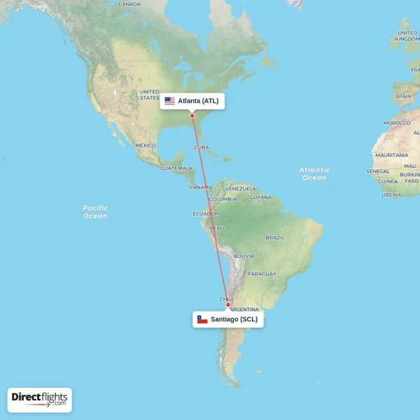 Santiago - Atlanta direct flight map