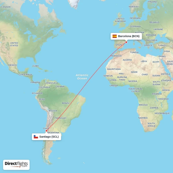Santiago - Barcelona direct flight map
