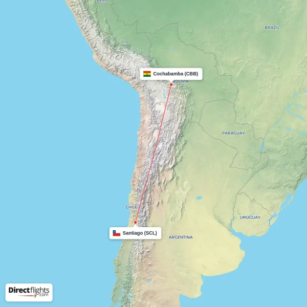 Santiago - Cochabamba direct flight map