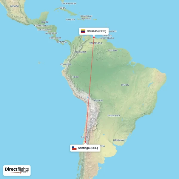 Santiago - Caracas direct flight map