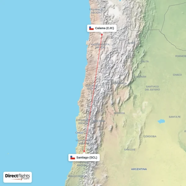 Santiago - Calama direct flight map