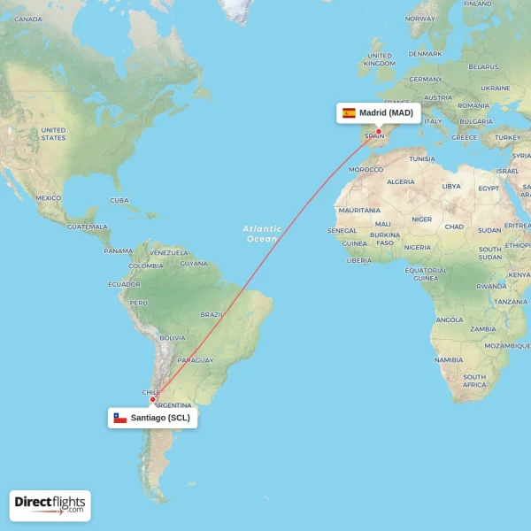 Santiago - Madrid direct flight map