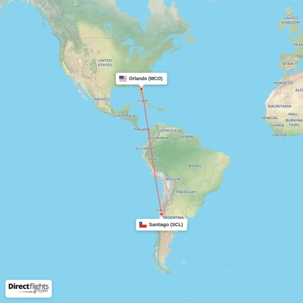 Santiago - Orlando direct flight map